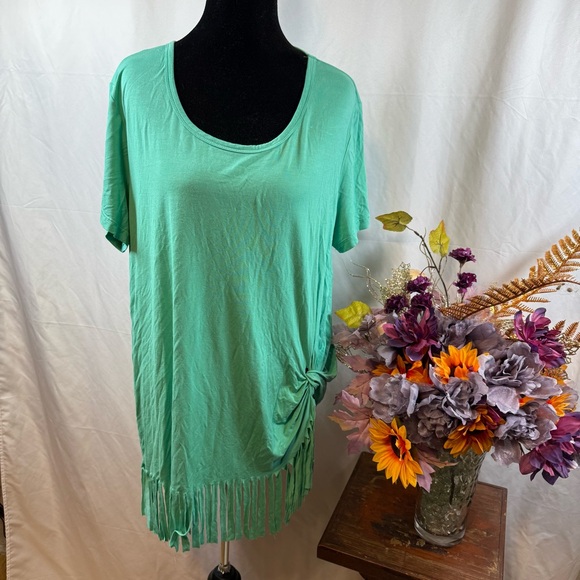 Crazy Train Tops - Crazy Train Mint Fringe Knot Tee Boho Western Stretch Top M